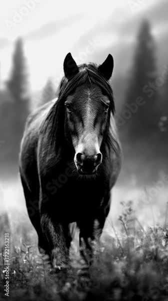Fototapeta Horse walking through misty field at dawn in black and white