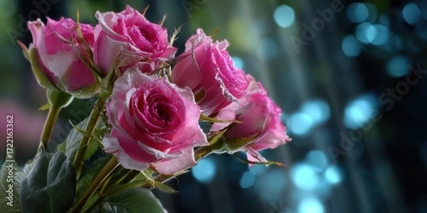 Fototapeta Bright pink roses dusted with frost against a shimmering blue background during early morning light