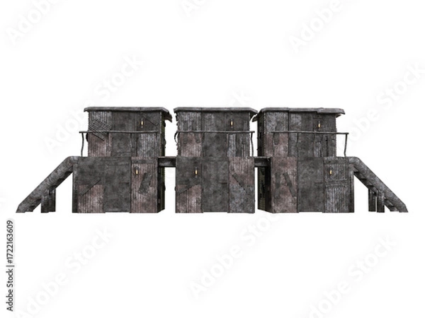 Fototapeta Post apocalyptic shanty town shelters built from sheets of scrap metal and wood. Isolated 3D rendered illustration.