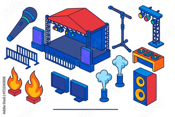 Obraz Vibrant Festival Stage Icons. Isometric vector illustration set Festival Stage: wireless microphone, heavy mic stand, giant stage,