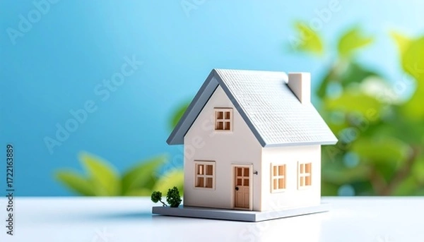 Obraz Miniature house on a table, surrounded by greenery