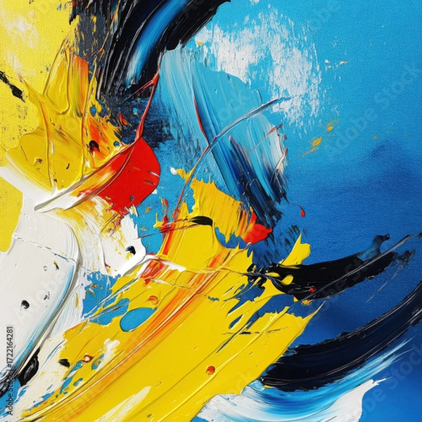Fototapeta Colorful strokes in abstract painting with yellow and blue