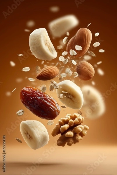 Fototapeta Healthy Ingredients Mix, Floating Banana Slices and Nuts, Oats and Dates in Motion, Nutritious Food Composition, Brown Gradient Background