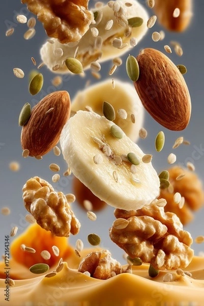 Fototapeta Healthy Ingredients Mix, Floating Banana Slices and Nuts, Oats and Dates in Motion, Nutritious Food Composition, Brown Gradient Background
