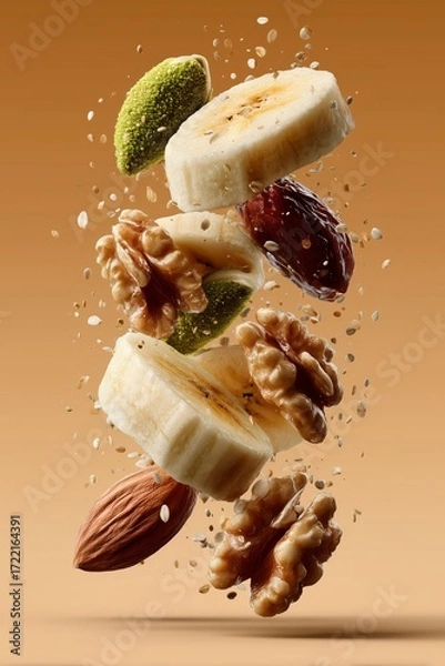 Fototapeta Healthy Ingredients Mix, Flying Banana Slices and Walnuts, Dried Fruits and Nuts in Motion, Natural Energy Food Composition, Brown Background
