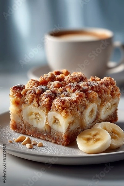 Fototapeta Banana Crumble Cake, Closeup Dessert Slice, Nut Topping and Powdered Sugar, Soft Texture and Baked Layers, Morning Coffee Background