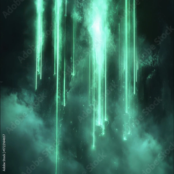 Fototapeta Glowing green streaks descending through a cloudy atmosphere