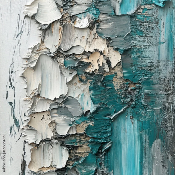 Fototapeta Abstract painting with thick white and teal color strokes