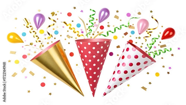 Fototapeta Vibrant celebration scene with party poppers confetti balloons and streamers isolated on transparent background