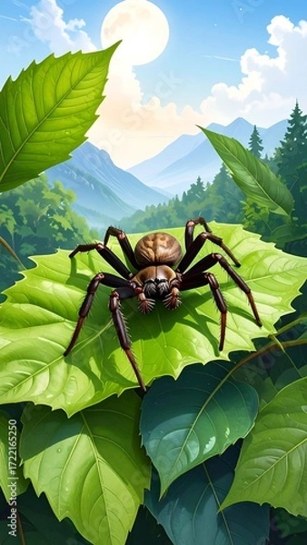Obraz Spider on lush leaf, mountain backdrop