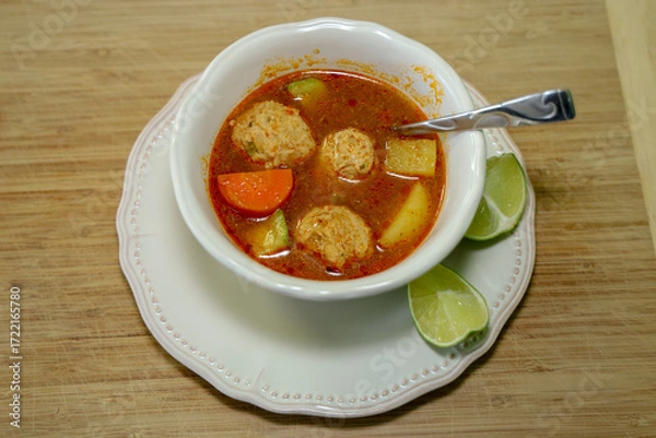 Fototapeta A white bowl of turkey albondiga soup with lime wedges on the side.