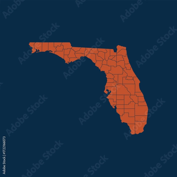 Obraz Florida map. Orange Florida map with counties. Vector isolated illustration.