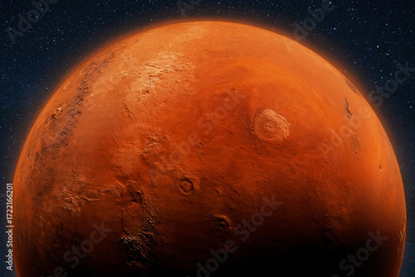 Fototapeta Detailed view of Mars with visible craters and geological formations, floating in dark outer space, perfect for astronomy, planets, and space discovery themes.