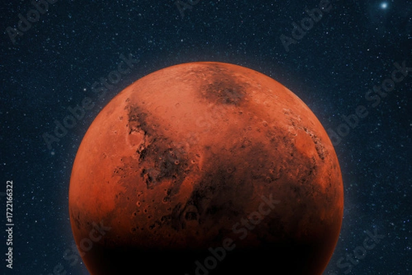 Fototapeta Close-up view of the planet Mars with its red rocky surface and craters, set against the dark starry background of outer space, symbolizing astronomy, exploration, and science.