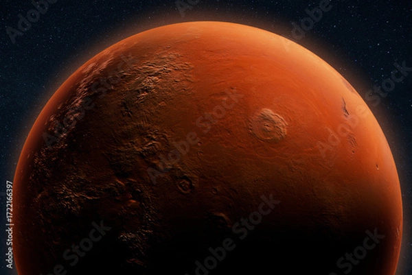 Fototapeta Close-up view of red planet Mars with detailed craters and rocky surface against a starry space background, symbolizing astronomy, science, and space exploration.