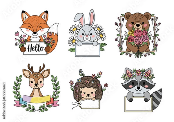 Fototapeta Cute Animal Greeting Cards Vector Set – Hand Drawn Kitten, Elephant, Bird, Squirrel, Bunny, and Turtle with Flowers, Leaves, and Pastel Accents (1)