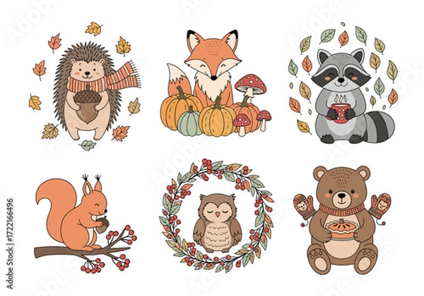 Fototapeta Cozy Autumn Objects Vector Set – Hand Drawn Doodle Style Pumpkin Latte, Books, Pie, Boots, Sweater, and Harvest Basket with Leaves and Warm Pastel Accents (2)