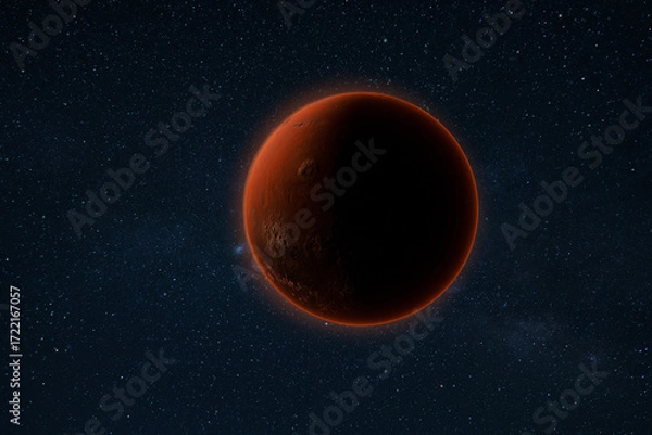 Fototapeta Red planet Mars in outer space, showing detailed craters and rocky surface under a starry sky, symbolizing astronomy, exploration, and the solar system.