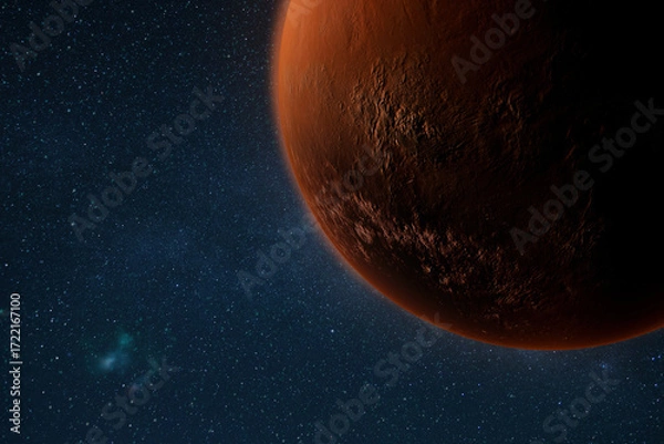Fototapeta Close-up view of the planet Mars with detailed surface textures, craters, and rocky formations against a starry outer space background. Perfect for science, astronomy, and space exploration themes.
