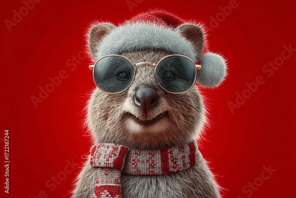 Fototapeta Festive quokka wearing a Santa hat sunglasses and scarf against a red background