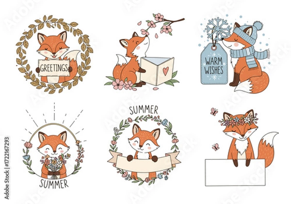 Fototapeta Cute Fox Greeting Scenes Vector Set – Hand Drawn Cartoon Foxes with Flowers, Cards, Gifts, and Forest Accents in Playful Woodland Illustration Style (1)