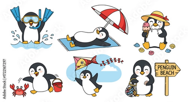 Fototapeta Cute Winter Penguin Adventures Vector Set – Hand Drawn Cartoon Penguins Sledding, Fishing, Building Snow Figures, and More with Pastel Accents (1)