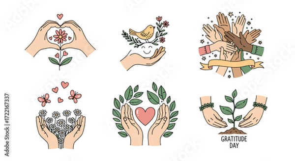 Fototapeta Gratitude Hands Vector Illustration Set – Hand Drawn Doodle Style Scenes with Hearts, Flowers, Butterflies, and Uplifting Gestures in Pastel Accents