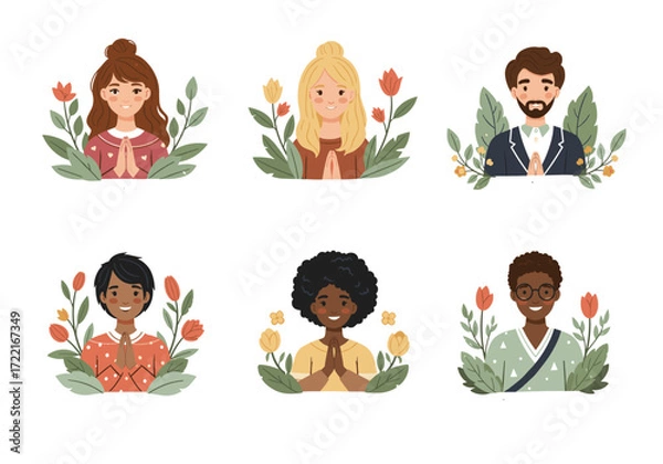 Fototapeta Gratitude Illustration Vector Set – Cute Hand Drawn Characters with Hearts, Flowers, and Thankful Gestures in a Soft, Uplifting Pastel Style