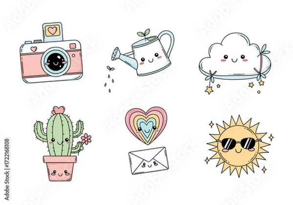 Fototapeta Whimsical Kawaii Object Characters Vector Set – Hand Drawn Cute Camera, Watering Can, Cloud Pillow, Cactus, Envelope, and Sun with Pastel Accents (1)