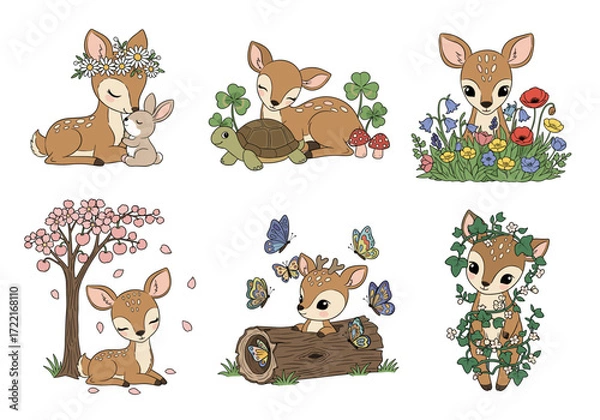 Fototapeta Whimsical Baby Deer Vector Set – Hand Drawn Cartoon Fawns with Flowers, Animals, Butterflies, and Forest Scenes in Soft Pastel Illustration Style