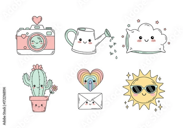 Fototapeta Whimsical Kawaii Object Characters Vector Set – Hand Drawn Cute Camera, Watering Can, Cloud Pillow, Cactus, Envelope, and Sun with Pastel Accents (2)