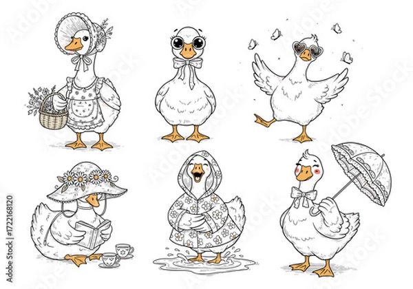 Fototapeta Vintage Cottagecore Goose Vector Set – Hand Drawn Silly and Playful Spring Goose Characters with Whimsical Details in Soft Pastel Illustration Style