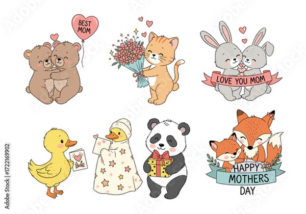 Fototapeta Mother’s Day Animal Scenes Vector Set – Hand Drawn Doodle Style Bear, Cat, Bunny, Duck, Panda, and Fox with Balloons, Gifts, and Floral Accents