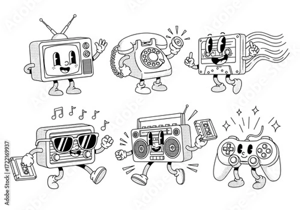Fototapeta Retro Gadget Mascots Vector Set – Cute Hand Drawn Monocolor Cartoon TV, Telephone, Cassette, Boombox, Radio, and Game Controller Characters (2)
