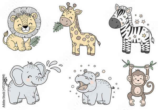 Fototapeta Seamless Safari Baby Animals Pattern – Hand Drawn Doodle Style Lion, Giraffe, Zebra, Elephant, Hippo, and Monkey with Pastel Accents and Whimsical Details (1)
