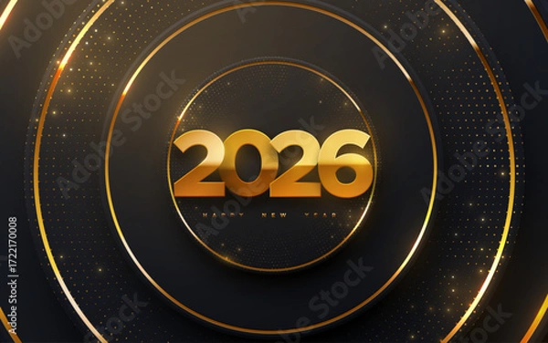 Fototapeta Happy New 2026 Year. Vector holiday illustration of golden numbers 2026 on black radial background textured with gold glittering strokes.