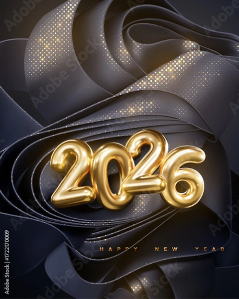 Fototapeta Happy New 2026 Year. Vector holiday illustration. Golden number 2026. Wavy black ribbons background with shimmering glitter patterns. Festive banner. Decoration for poster or cover design