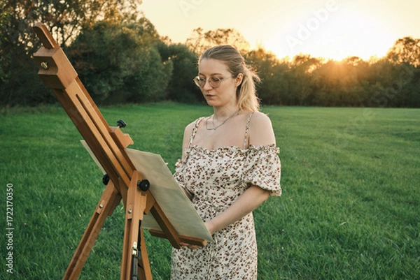 Obraz Young woman painting on a meadow at sunset. A beautiful artist in a floral dress standing by her easel, inspired by the golden hour light and the tranquil nature around her. 