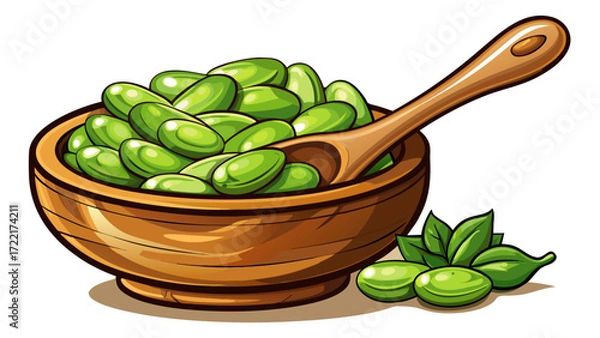 Fototapeta Broad beans in a wooden bowl and spoon isolated on white background, detailed vector illustration, nutritious legumes, perfect for culinary graphics, healthy food packaging, organic cooking themes, 