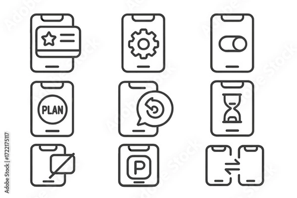 Fototapeta Mobile Subscription Icons. Line style icons of mobile subscription management: mobile wallet pass, app subscription settings,