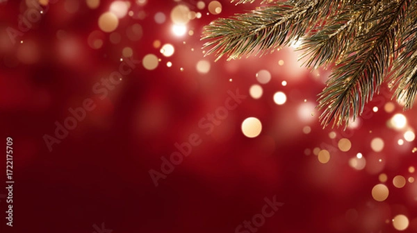 Fototapeta Christmas Background with Fir Branches and Golden Bokeh Lights on Red"