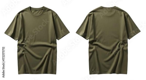 Fototapeta Front and back view of a plain olive green tshirt, isolated on transparent background, showcasing its simple design and fabric texture, perfect for fashion mockups and ecommerce