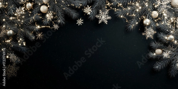 Fototapeta Christmas Background with Pine Branches, Snowflakes and Lights on Black