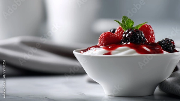 Obraz Gourmet Yogurt Dessert with Mixed Berries and Sauce Decoration