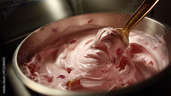 Obraz Close-Up of Swirled Pink Yogurt Containing Fruit Pieces