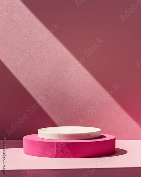 Fototapeta pink podium on colorful background. Conceptual banner for holidays. Pedestal for displaying good.