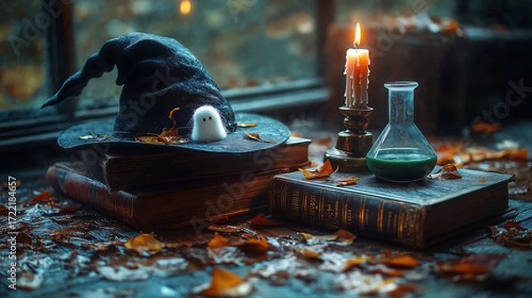 Obraz A witch's hat, adorned with a ghost made of hand-woven wool felt, rests on a stack of ancient books. A flickering candle burns in a brass candlestick, and a glass beaker containing a greenish potion r