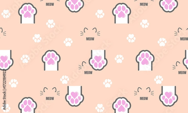 Fototapeta Cat paw vector background. Kitten footprint seamless pattern with text: meow. Kawaii cute doodle vector illustration, background.
