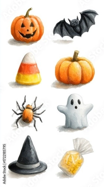 Fototapeta Colorful Halloween decorations with pumpkins, candies, and spooky elements captured in festive style