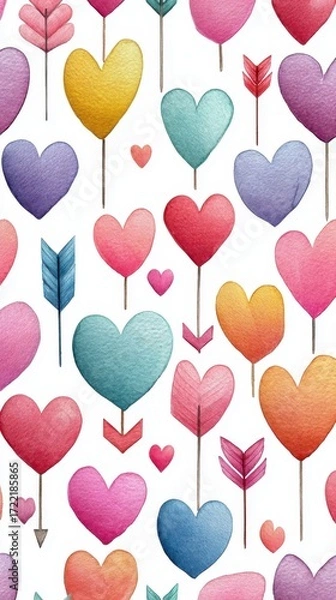 Fototapeta Colorful watercolor hearts and arrows design suitable for various decorative purposes